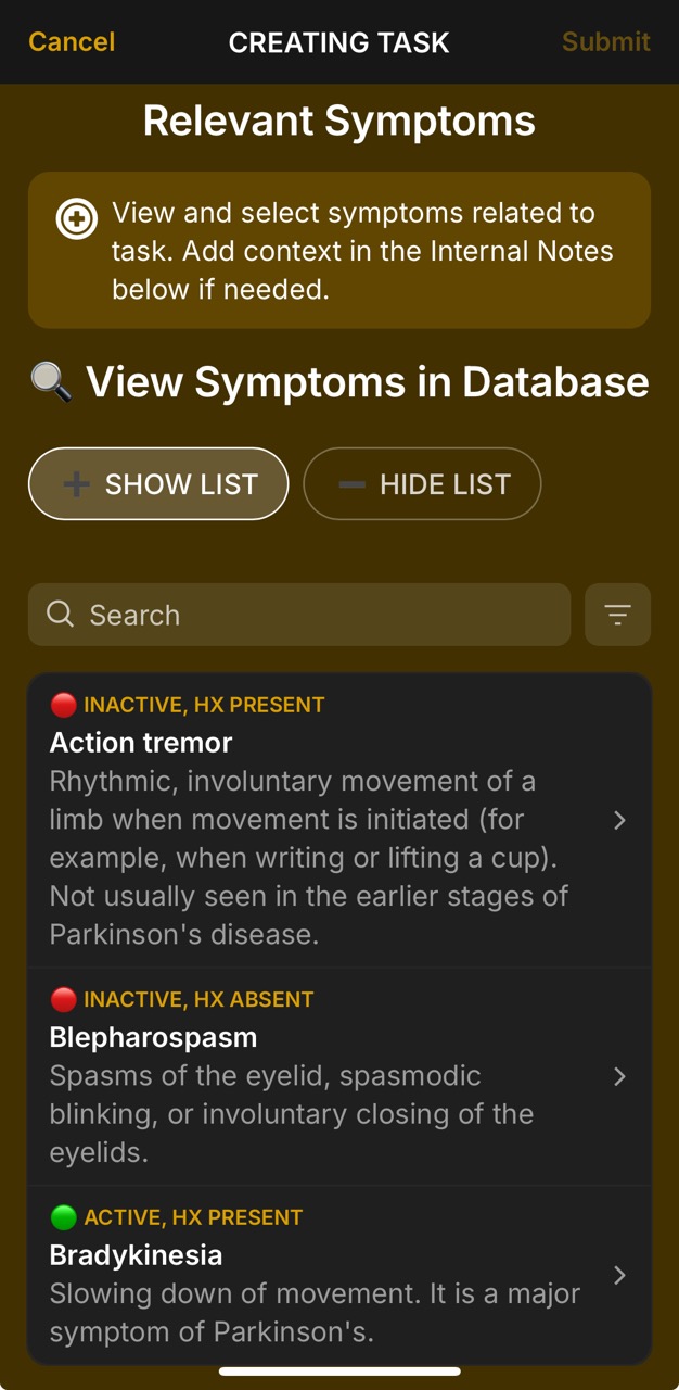 Tasks Page (Create Task, View Symptoms)